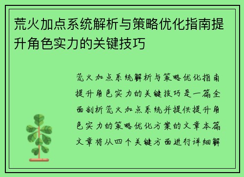 荒火加点系统解析与策略优化指南提升角色实力的关键技巧