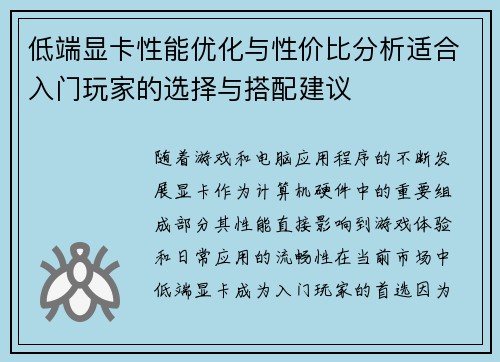 低端显卡性能优化与性价比分析适合入门玩家的选择与搭配建议